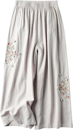 Womens Linen Pants Summer Casual Loose Beach Pants 2025 Vintage Embroidery Wide Leg Pants High Waist Palazzo Lounge