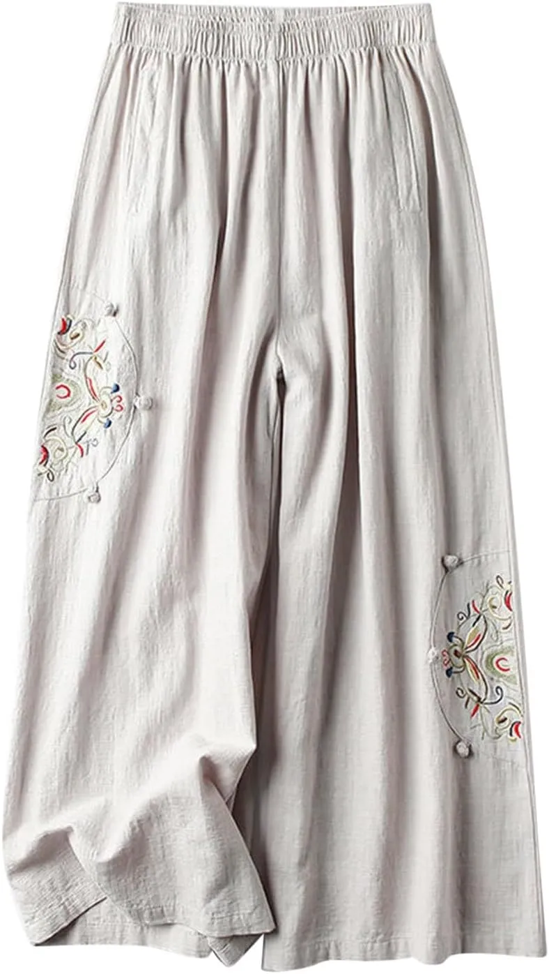 Womens Linen Pants Summer Casual Loose Beach Pants 2025 Vintage Embroidery Wide Leg Pants High Waist Palazzo Lounge
