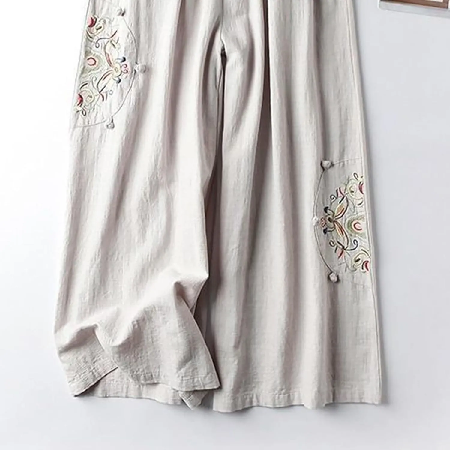 Womens Linen Pants Summer Casual Loose Beach Pants 2025 Vintage Embroidery Wide Leg Pants High Waist Palazzo Lounge