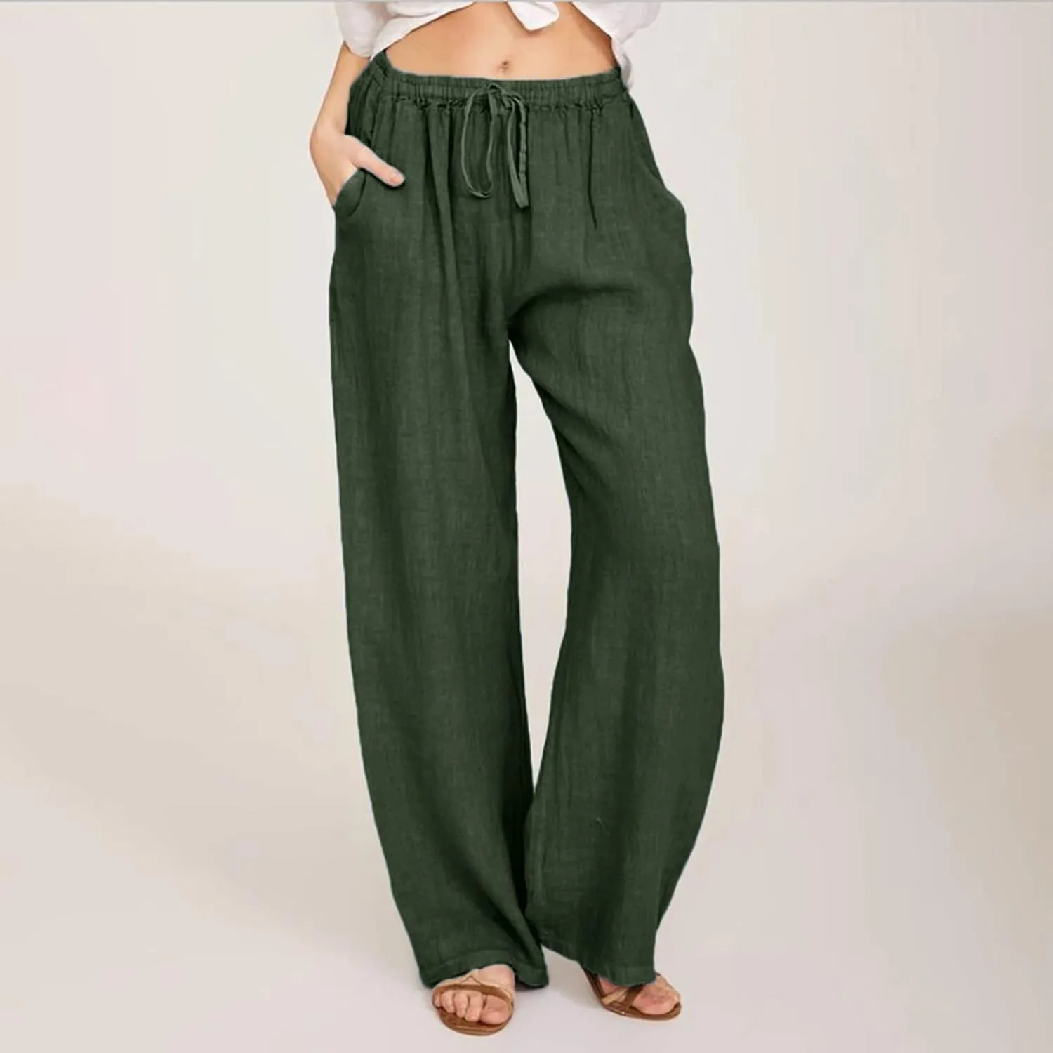 Womens Linen Pants Summer Wide Leg Pants Casual Loose Fit Drawstring High Waisted Palazzo Pants Trousers, Large