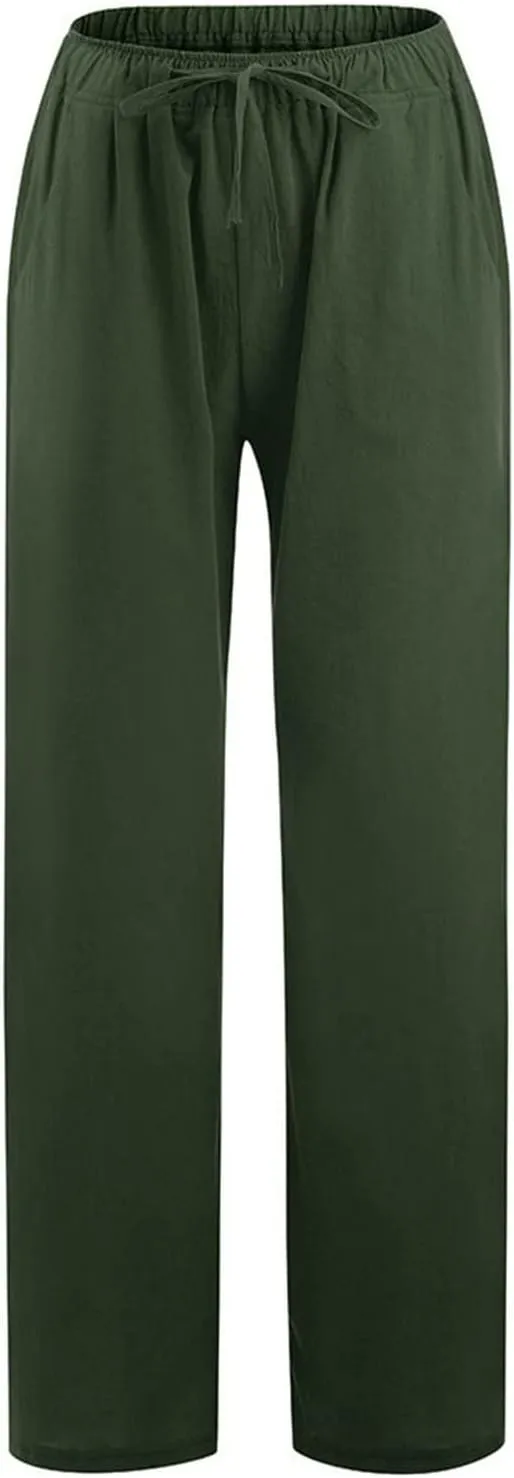 Womens Linen Pants Summer Wide Leg Pants Casual Loose Fit Drawstring High Waisted Palazzo Pants Trousers, Large