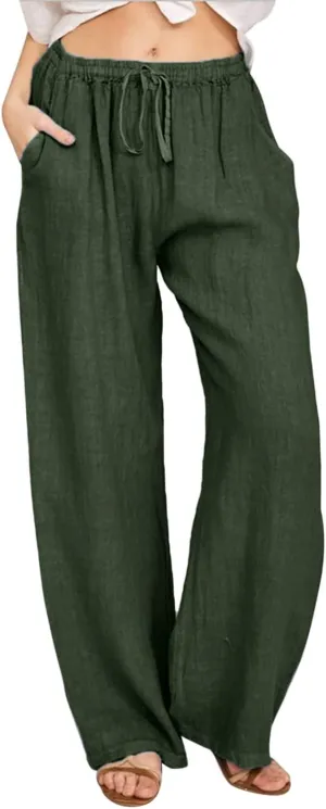 Womens Linen Pants Summer Wide Leg Pants Casual Loose Fit Drawstring High Waisted Palazzo Pants Trousers, Large