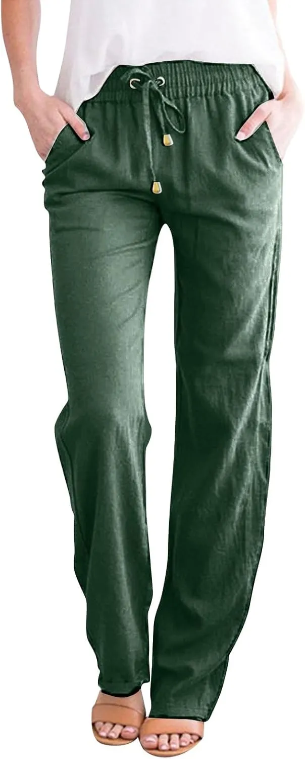 Womens Linen Tapered Leg Pants Loose Drawstring Elastic Waist Summer Baggy Lounge Beach Vacation Travel Trousers with Pockets