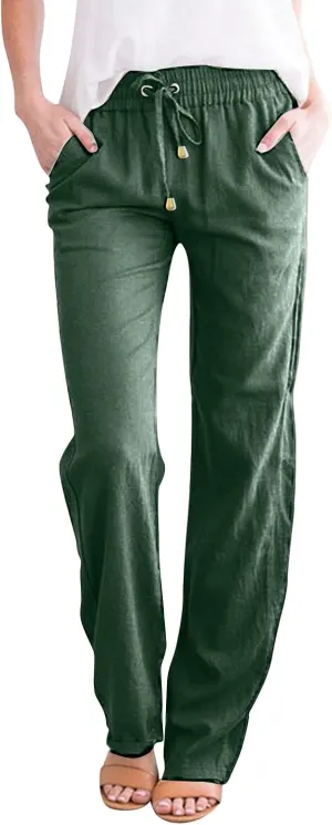 Womens Linen Tapered Leg Pants Loose Drawstring Elastic Waist Summer Baggy Lounge Beach Vacation Travel Trousers with Pockets