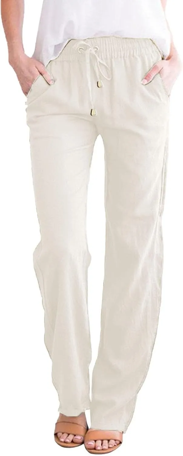 Womens Linen Tapered Leg Pants Loose Drawstring Elastic Waist Summer Baggy Lounge Beach Vacation Travel Trousers with Pockets