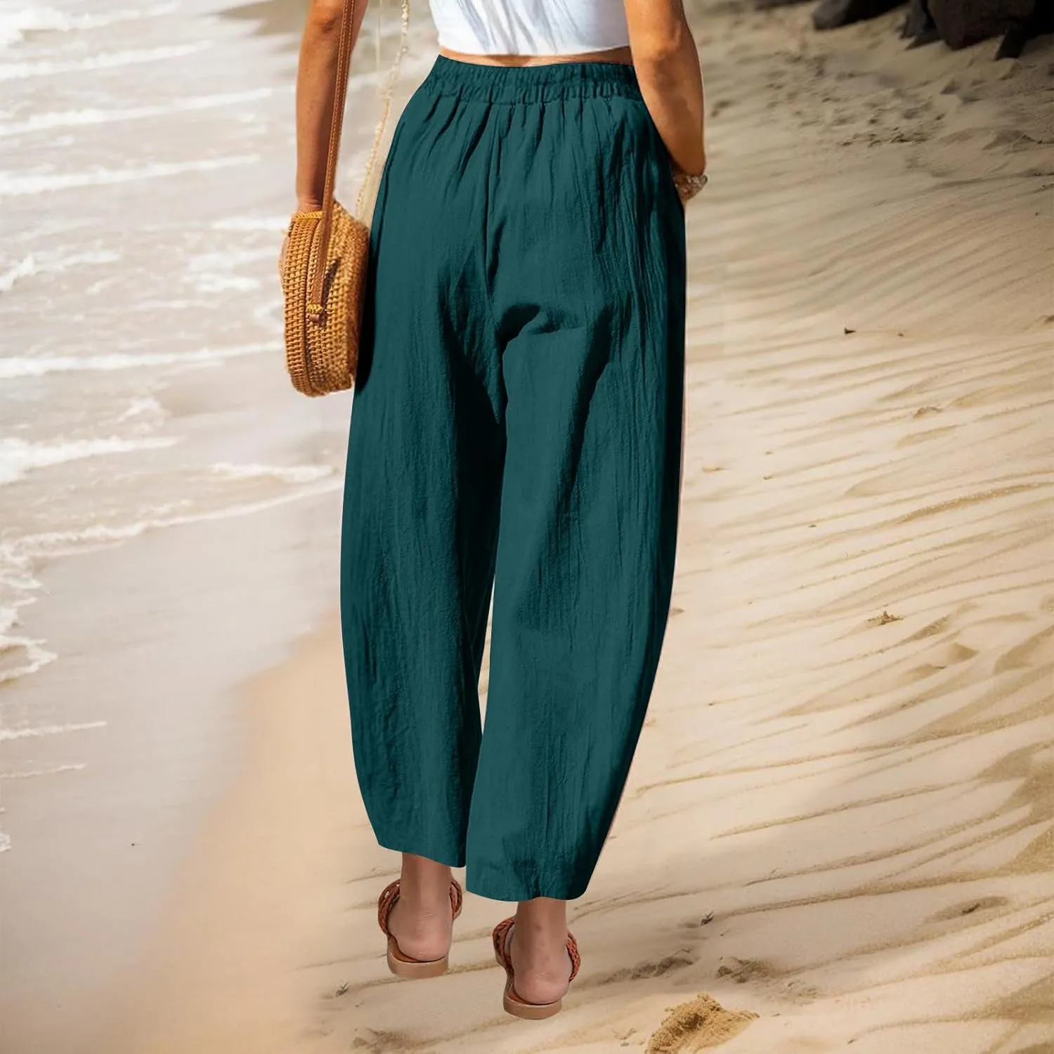 Womens Linen Wide Leg Harem Pants Elastic High Waist Slacks Lightweight Loose Casual Long Lounge Trousers with Pockets