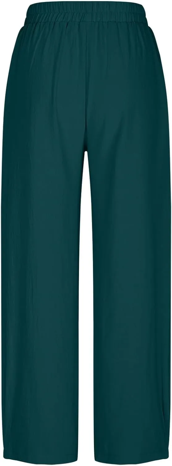 Womens Linen Wide Leg Harem Pants Elastic High Waist Slacks Lightweight Loose Casual Long Lounge Trousers with Pockets