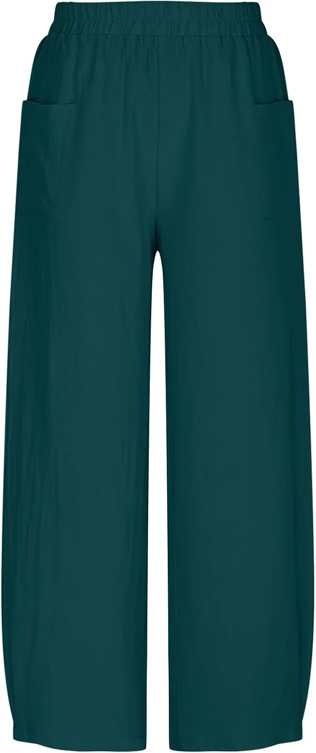 Womens Linen Wide Leg Harem Pants Elastic High Waist Slacks Lightweight Loose Casual Long Lounge Trousers with Pockets