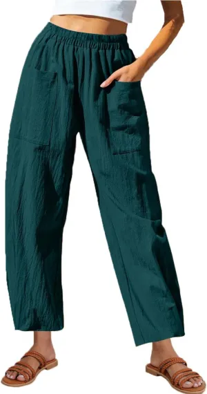 Womens Linen Wide Leg Harem Pants Elastic High Waist Slacks Lightweight Loose Casual Long Lounge Trousers with Pockets