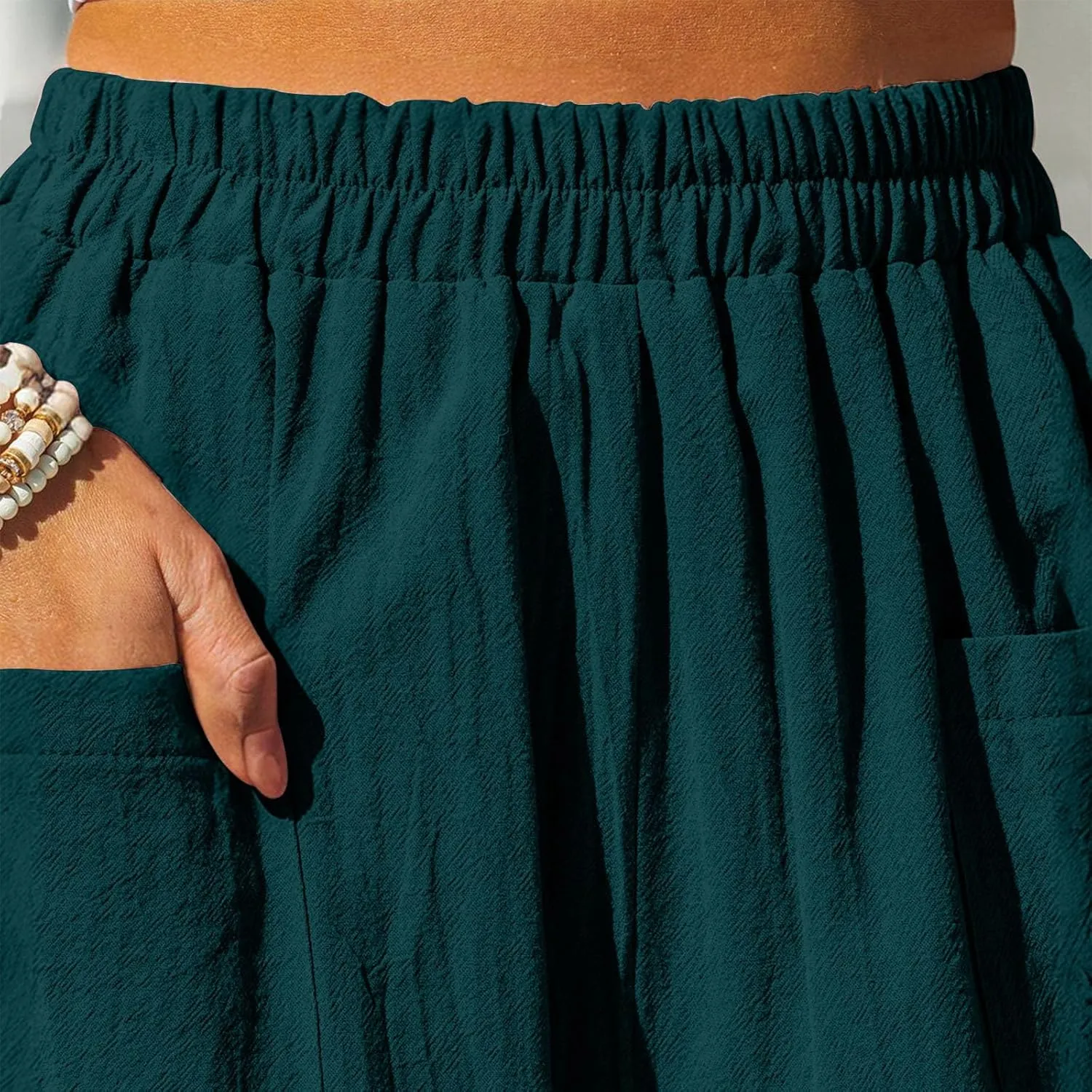 Womens Linen Wide Leg Harem Pants Elastic High Waist Slacks Lightweight Loose Casual Long Lounge Trousers with Pockets