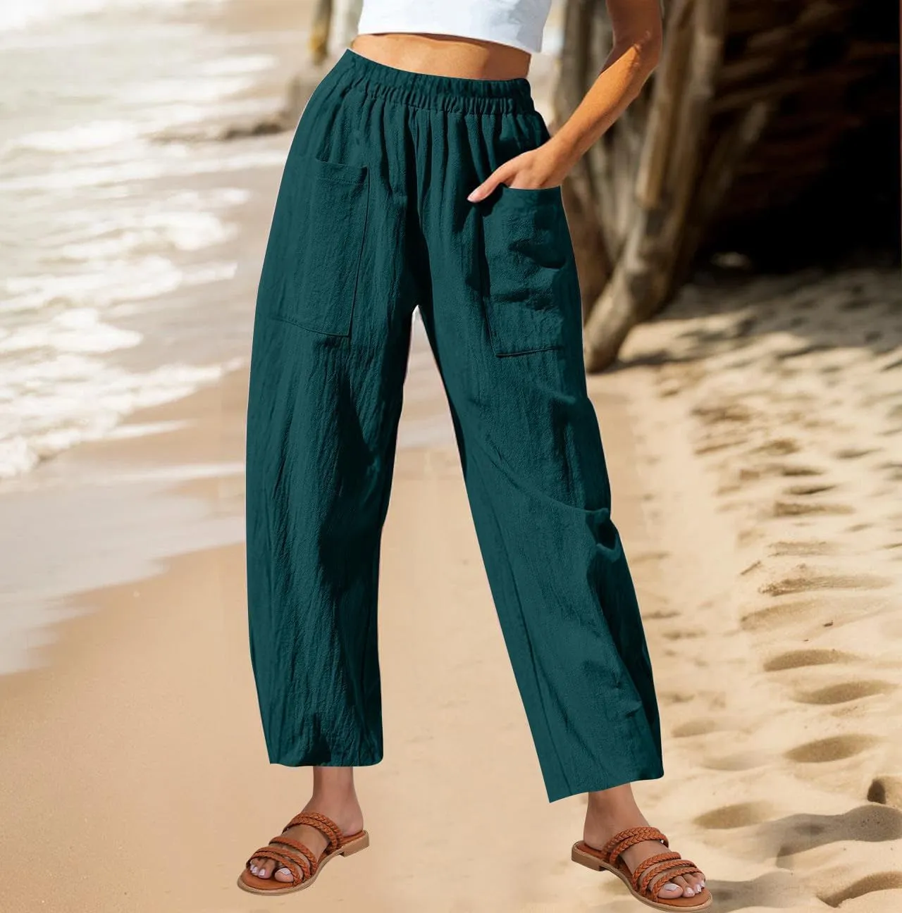 Womens Linen Wide Leg Harem Pants Elastic High Waist Slacks Lightweight Loose Casual Long Lounge Trousers with Pockets