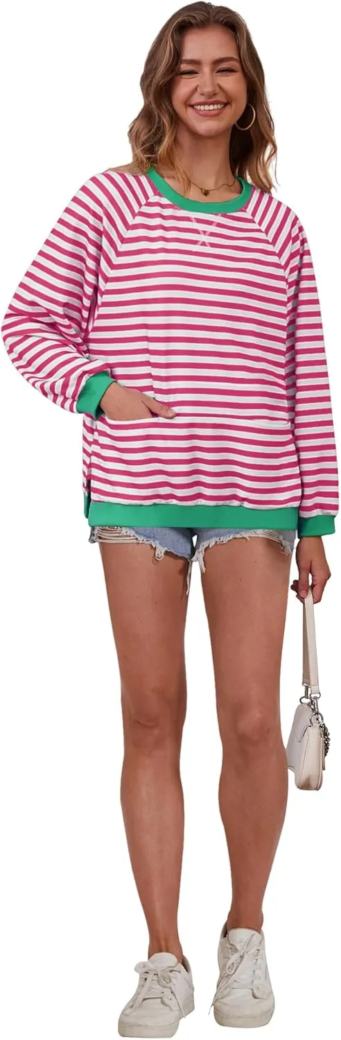 Womens Long Sleeve Oversized Sweatshirt Striped Crewneck Casual Loose Pullover Tops with Pockets