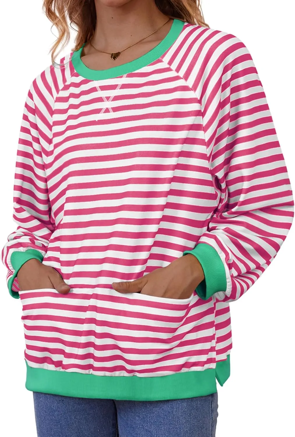 Womens Long Sleeve Oversized Sweatshirt Striped Crewneck Casual Loose Pullover Tops with Pockets