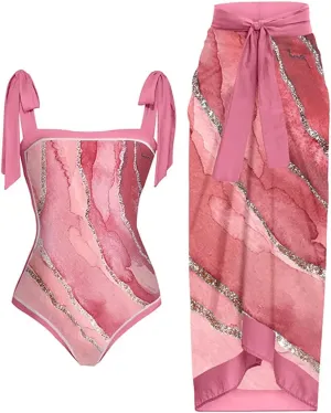 Womens One Piece Swimsuits with Cover Up 2024 Vacation Outfits 2 Piece Floral Print Bathing Suit Wrap Skirt Sarong