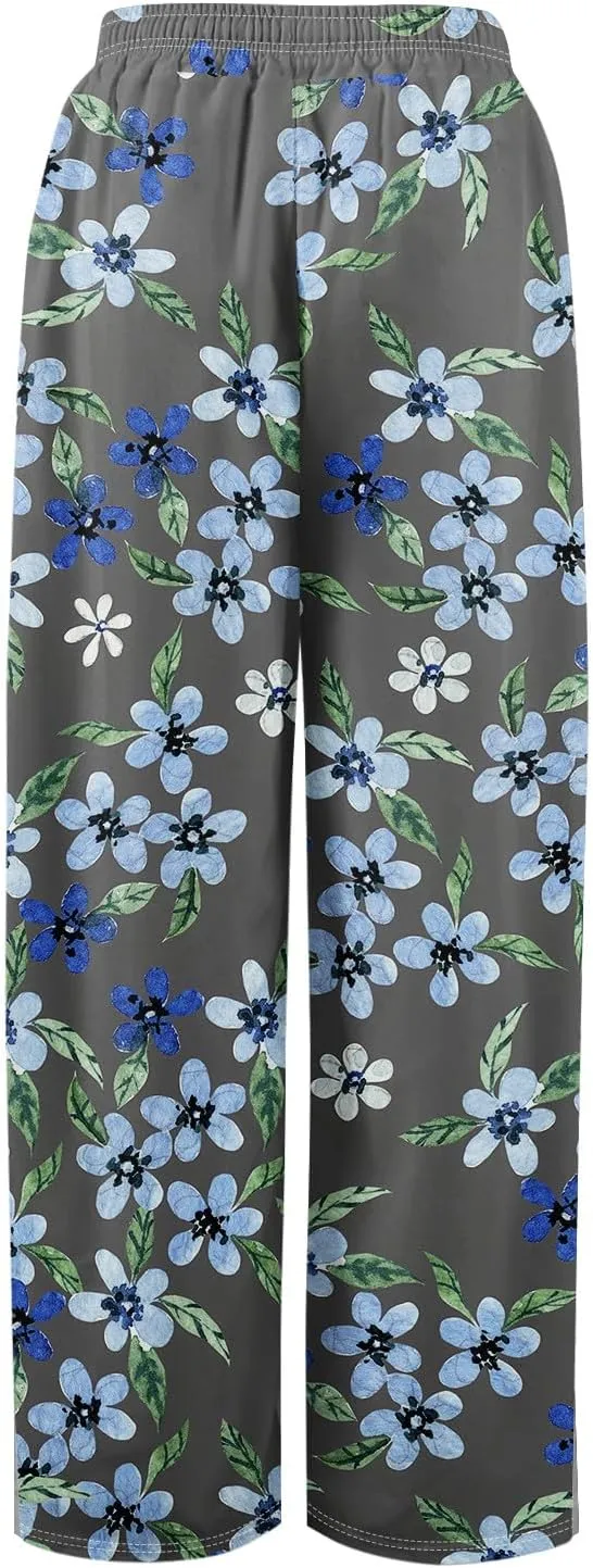 Women's Palazzo Pants Wide Leg Loose Floral Lounge Pants Boho Beach Drawstring Slacks with Pockets