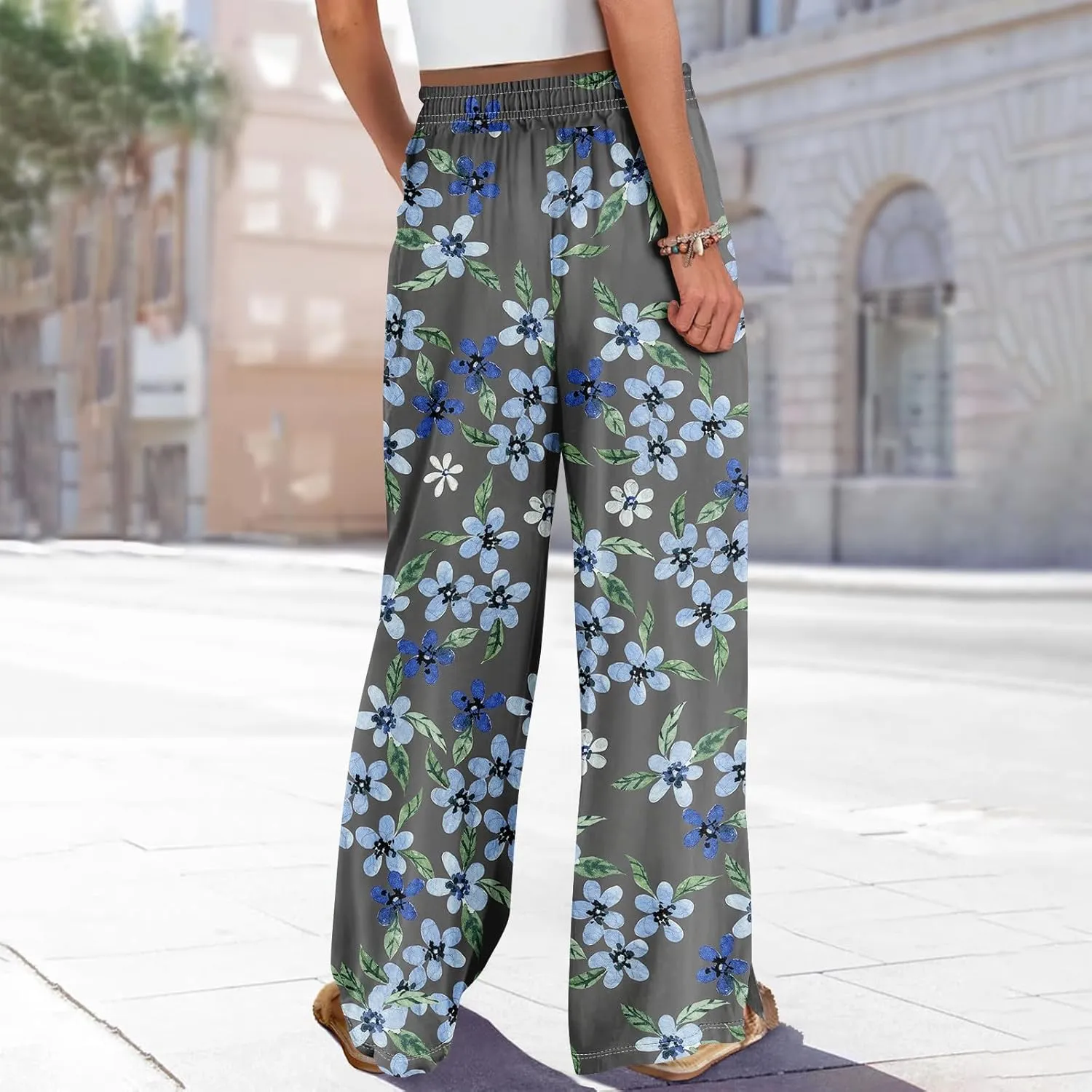 Women's Palazzo Pants Wide Leg Loose Floral Lounge Pants Boho Beach Drawstring Slacks with Pockets