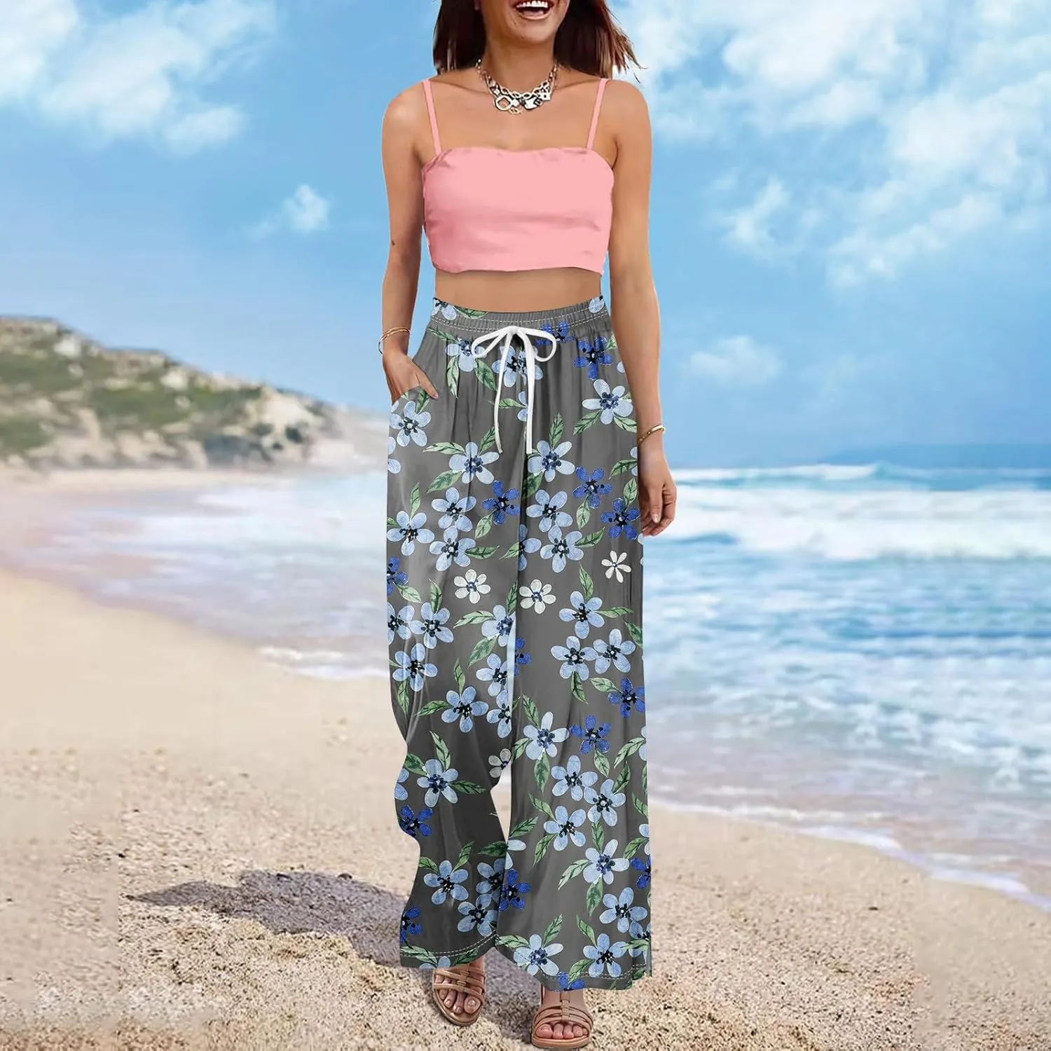 Women's Palazzo Pants Wide Leg Loose Floral Lounge Pants Boho Beach Drawstring Slacks with Pockets