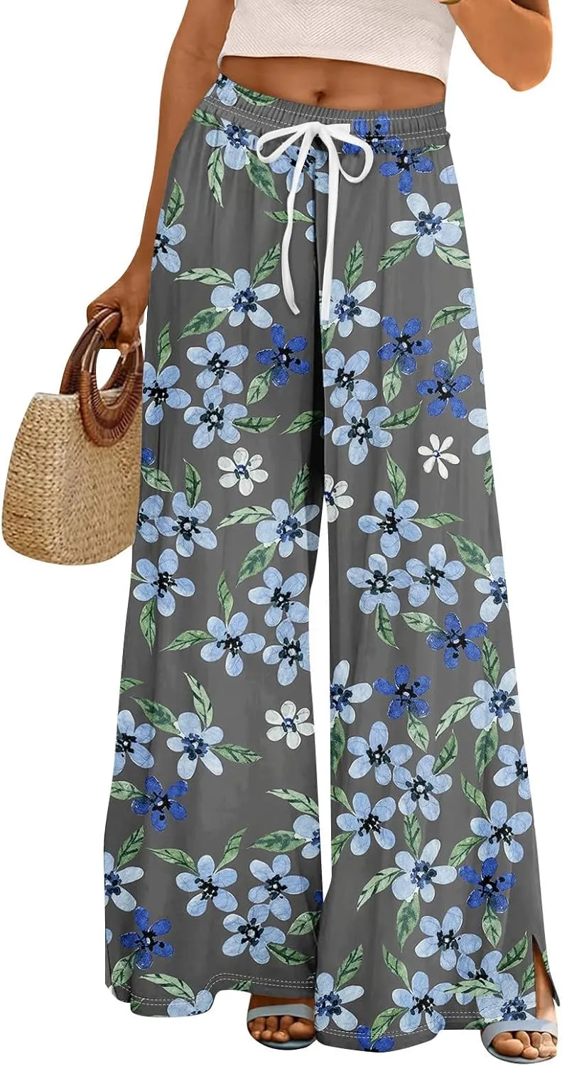 Women's Palazzo Pants Wide Leg Loose Floral Lounge Pants Boho Beach Drawstring Slacks with Pockets
