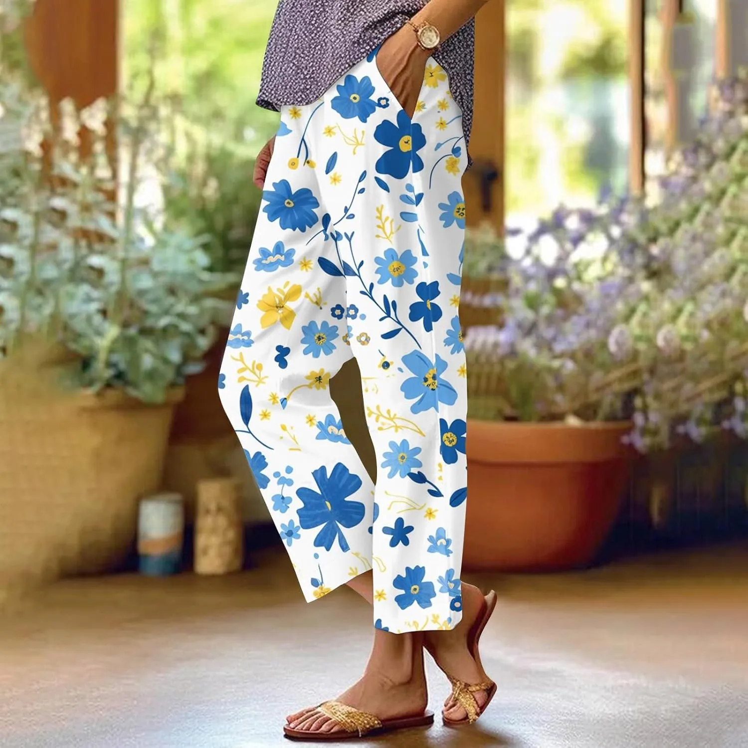 Womens Pants Casual Boho Floral Print Cotton Linen Pants Elastic Waisted Summer Beach Vacation Trouser with Pockets