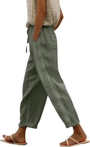Women's Pants, Linen Straight Leg WomenS Casual Pants Peasant Drawstring Baggy Trousers