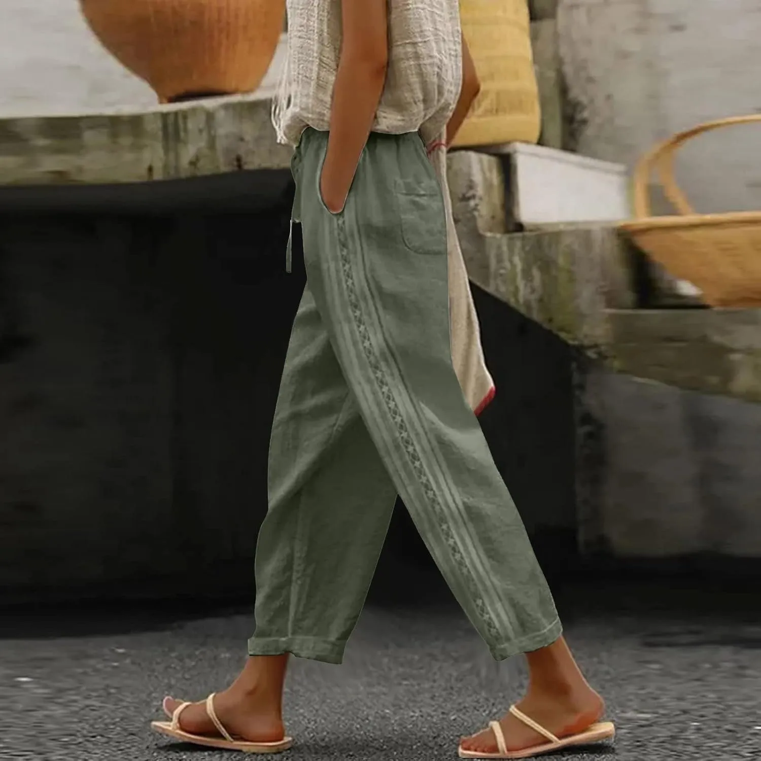 Women's Pants, Linen Straight Leg WomenS Casual Pants Peasant Drawstring Baggy Trousers