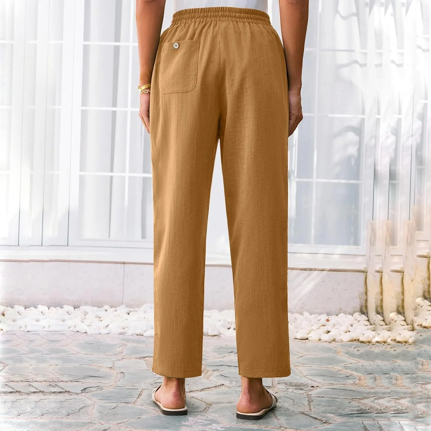 Womens Pants, Straight Leg Plaid Casual Pants Linen Peasant Teacher Trendy Lounge