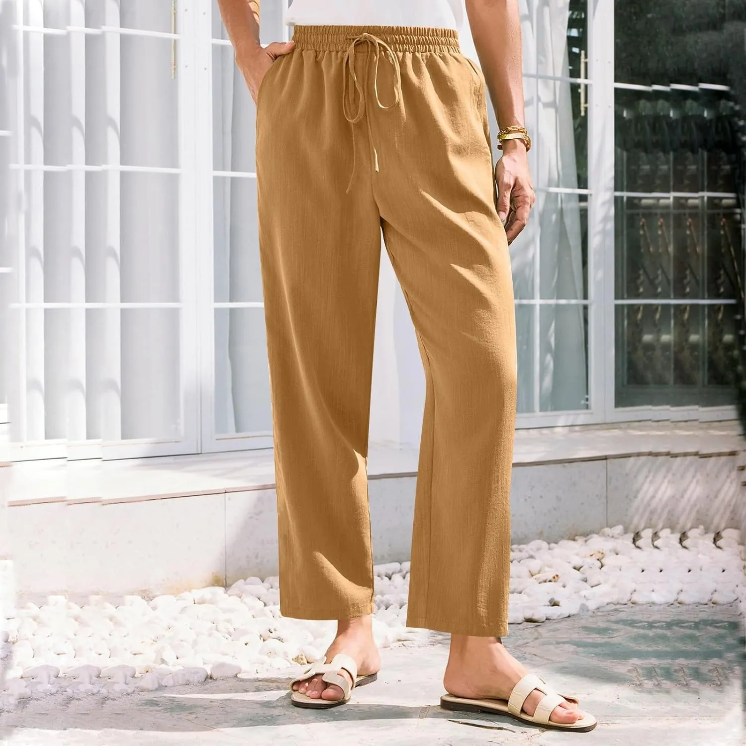 Womens Pants, Straight Leg Plaid Casual Pants Linen Peasant Teacher Trendy Lounge