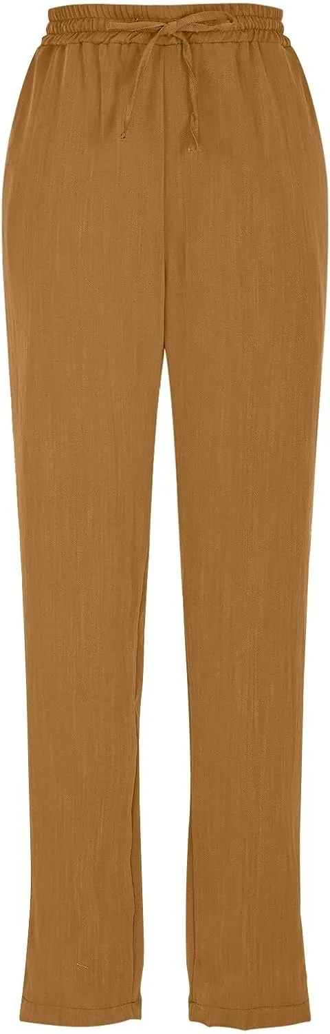 Womens Pants, Straight Leg Plaid Casual Pants Linen Peasant Teacher Trendy Lounge