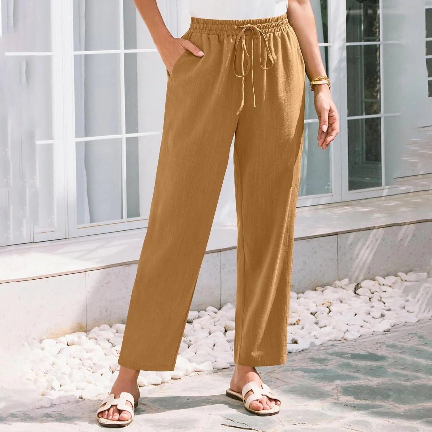 Womens Pants, Straight Leg Plaid Casual Pants Linen Peasant Teacher Trendy Lounge
