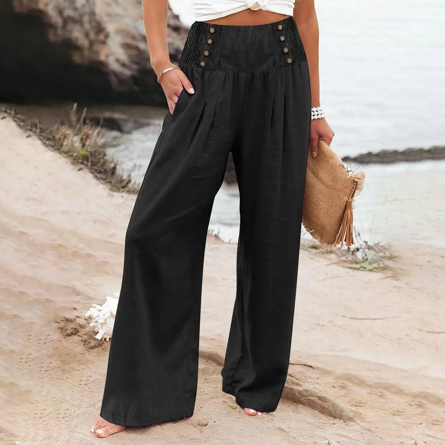 Womens Pants Summer Cotton Linen Wide Leg Pants Loose Palazzo Trouser Elastic Waist Pocket Button Casual Sweatpants