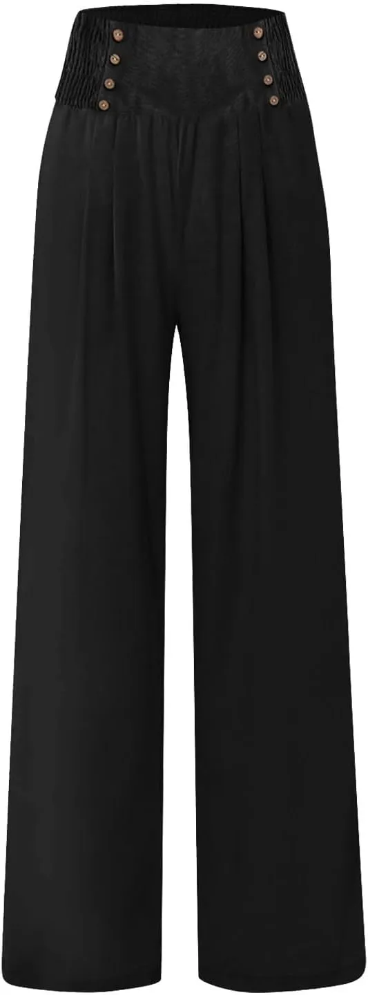 Womens Pants Summer Cotton Linen Wide Leg Pants Loose Palazzo Trouser Elastic Waist Pocket Button Casual Sweatpants