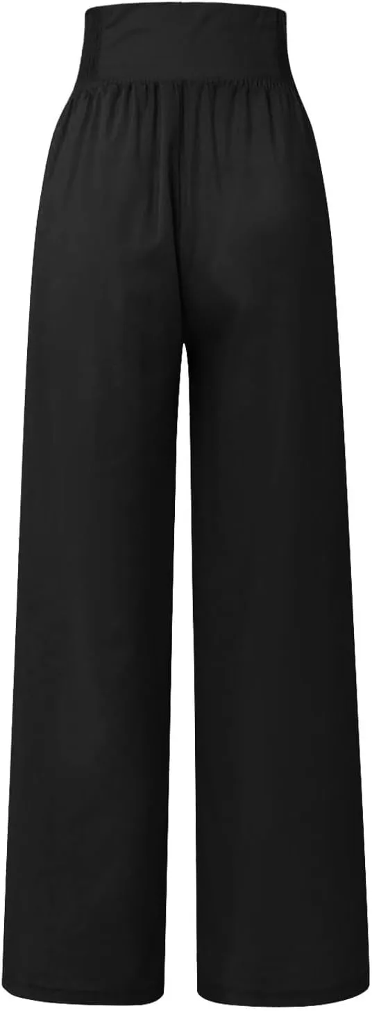 Womens Pants Summer Cotton Linen Wide Leg Pants Loose Palazzo Trouser Elastic Waist Pocket Button Casual Sweatpants