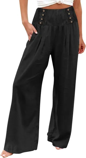 Womens Pants Summer Cotton Linen Wide Leg Pants Loose Palazzo Trouser Elastic Waist Pocket Button Casual Sweatpants