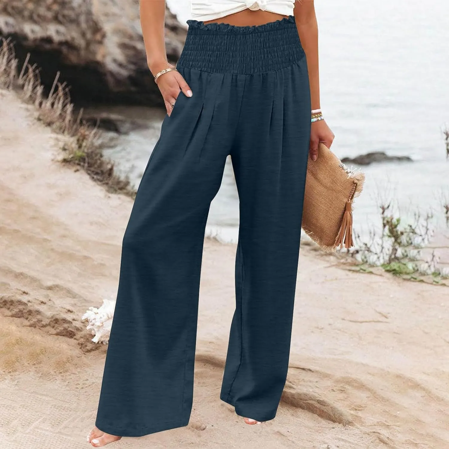 Women's Pants Summer High Waisted Wide Leg Trousers Loose Cotton Linen Palazzo Pant Casual Slacks Vacation Outfits