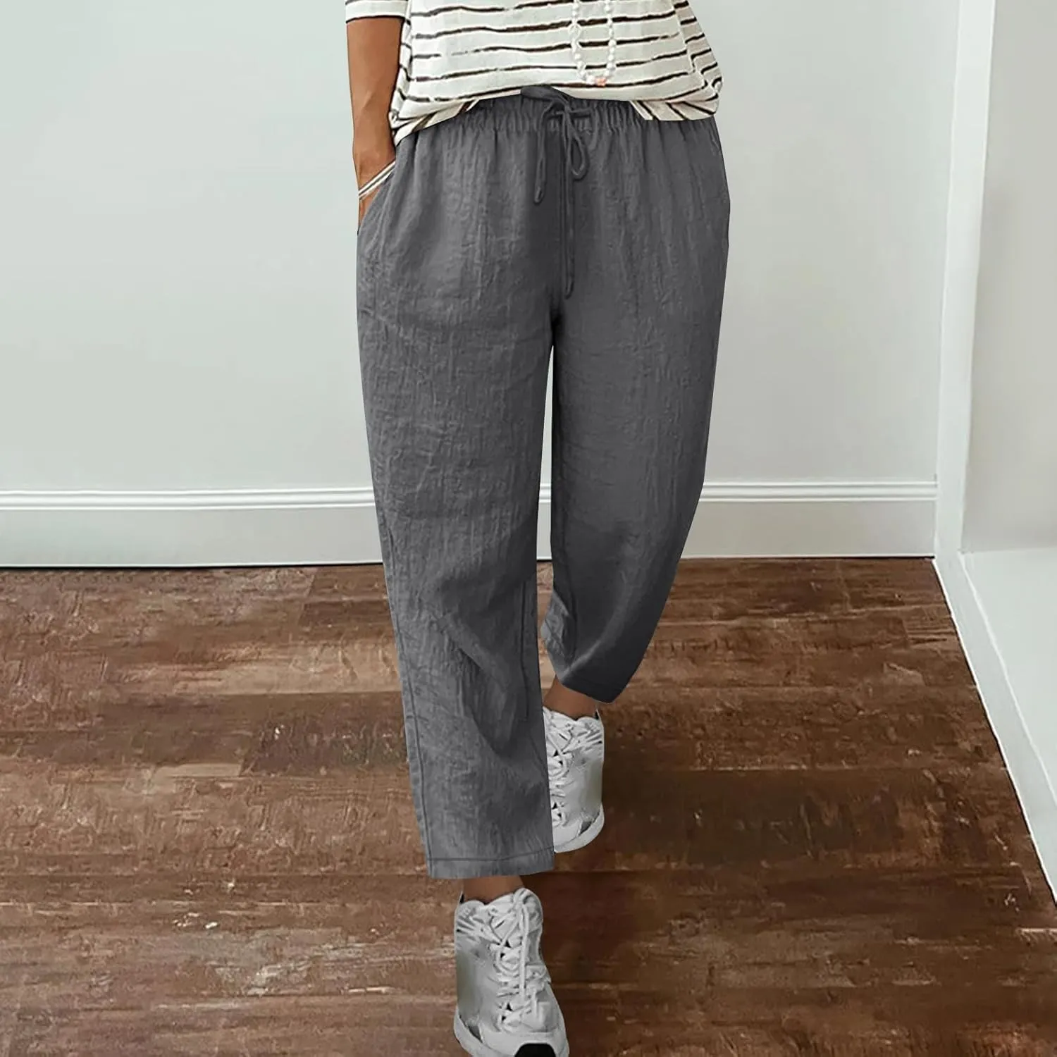 Women's Plus Size Linen Blend Pants Wide Straight Leg Trousers Comfy Casual Lounge Pants Women Lightweight Trousers