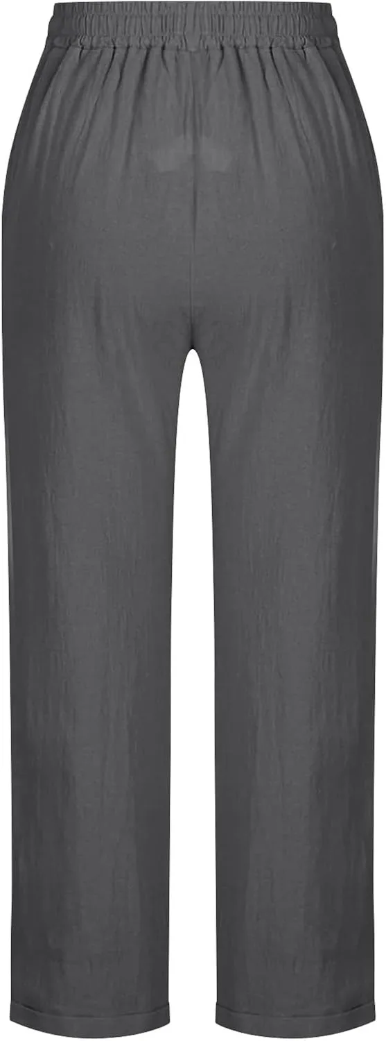 Women's Plus Size Linen Blend Pants Wide Straight Leg Trousers Comfy Casual Lounge Pants Women Lightweight Trousers