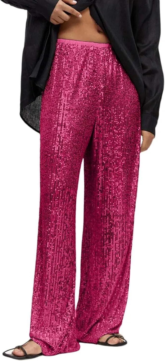 Womens Sequins High Waisted Wide Leg Flared Pants Baggy Straight Trousers Casual Lounge Palazzo Pants Nightclub Wear