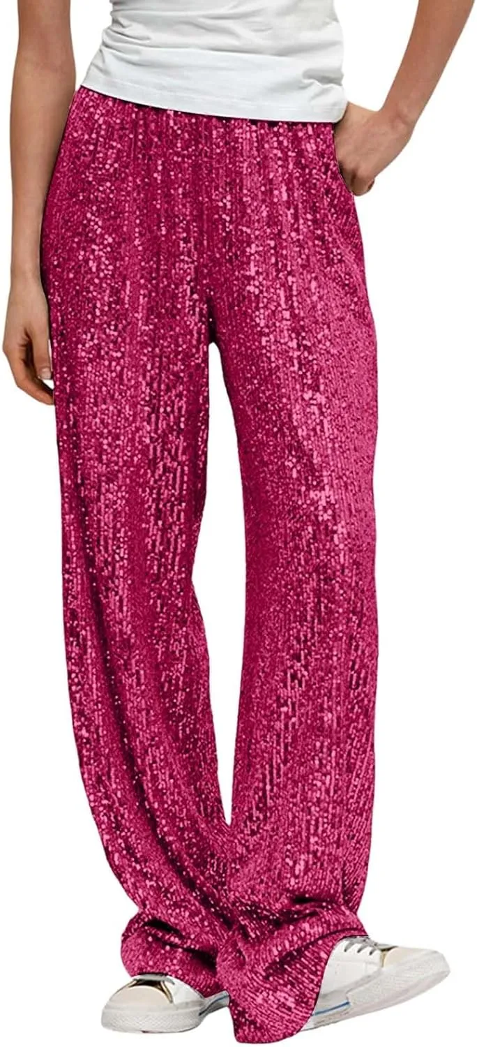 Womens Sequins High Waisted Wide Leg Flared Pants Baggy Straight Trousers Casual Lounge Palazzo Pants Nightclub Wear