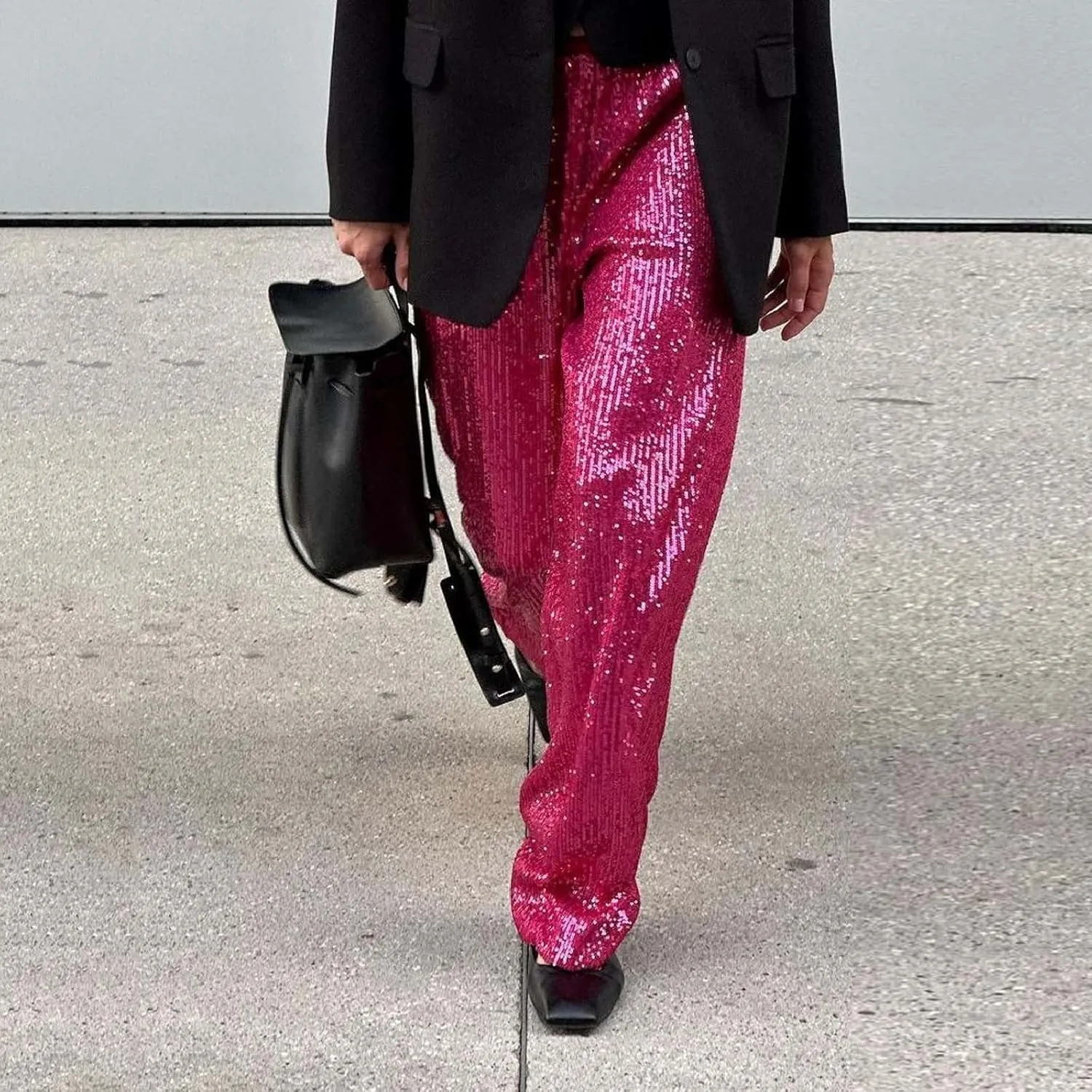 Womens Sequins High Waisted Wide Leg Flared Pants Baggy Straight Trousers Casual Lounge Palazzo Pants Nightclub Wear