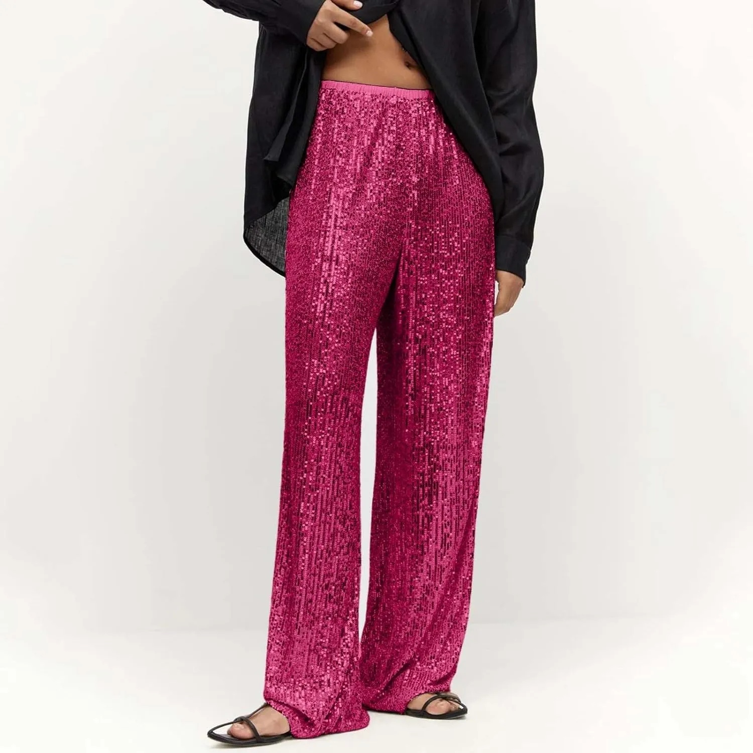 Womens Sequins High Waisted Wide Leg Flared Pants Baggy Straight Trousers Casual Lounge Palazzo Pants Nightclub Wear