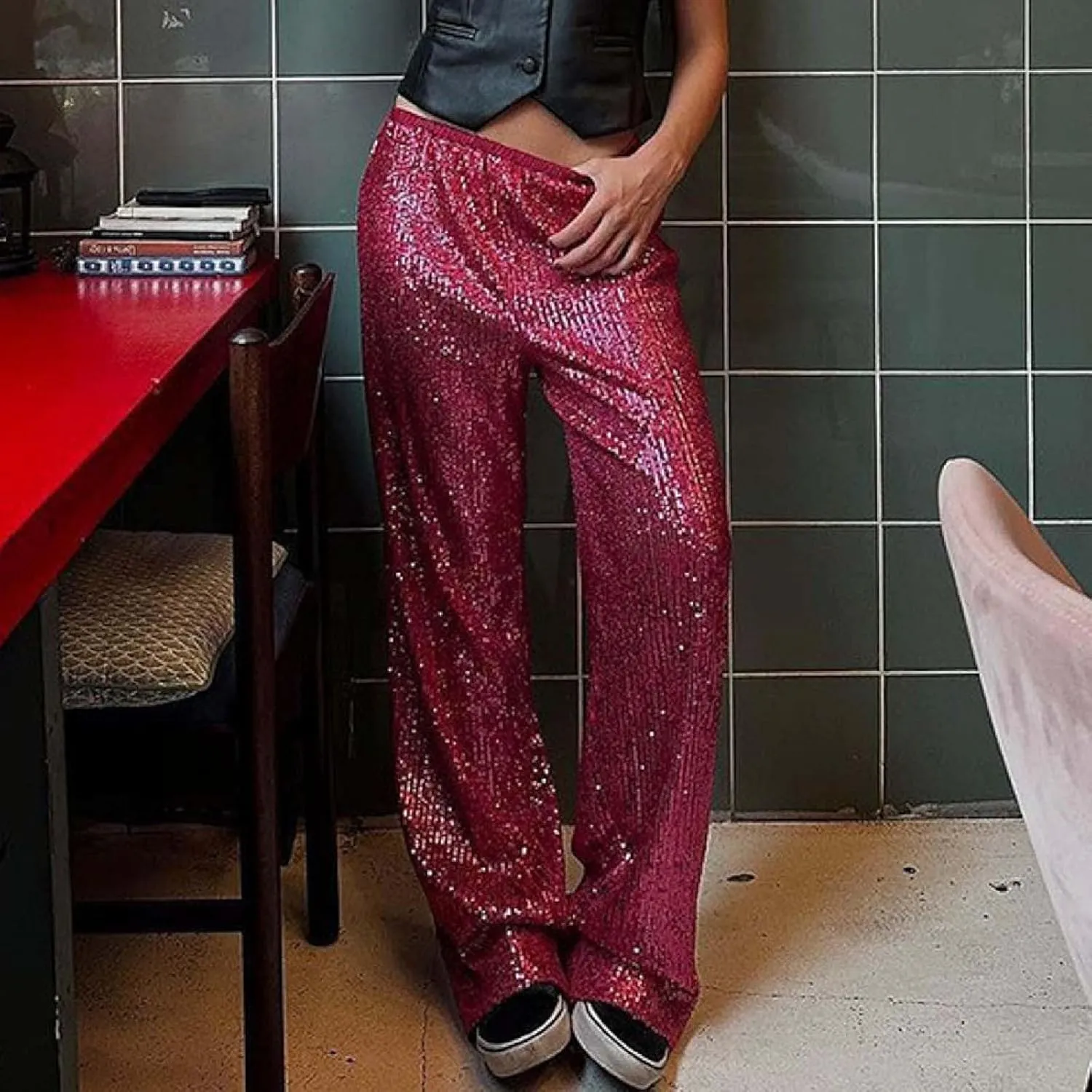 Womens Sequins High Waisted Wide Leg Flared Pants Baggy Straight Trousers Casual Lounge Palazzo Pants Nightclub Wear
