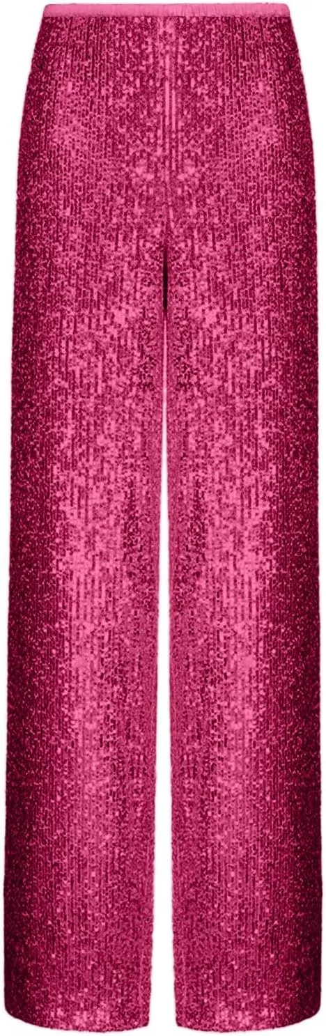 Womens Sequins High Waisted Wide Leg Flared Pants Baggy Straight Trousers Casual Lounge Palazzo Pants Nightclub Wear