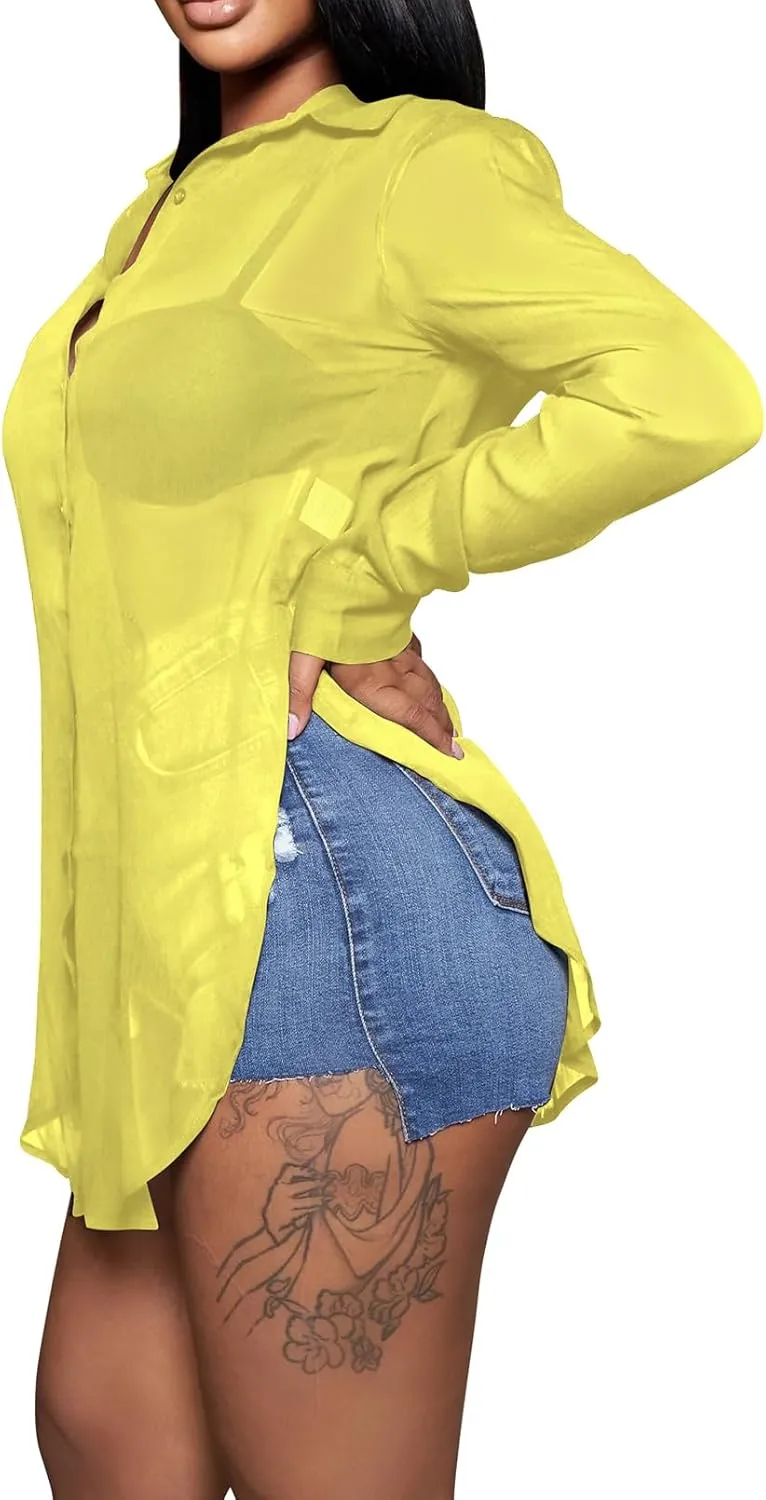 Womens Sheer Button Up Blouse Sexy Long Sleeve Mesh See Through Shirts Tops