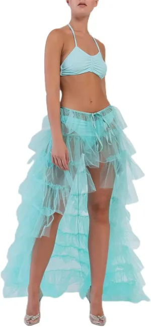 Women's Solid Color Mesh Skirt Tied-Up Irregular Tulle Skirt Layered Maxi Dress Ruffle Tulle Long Tiered A-line Skirt