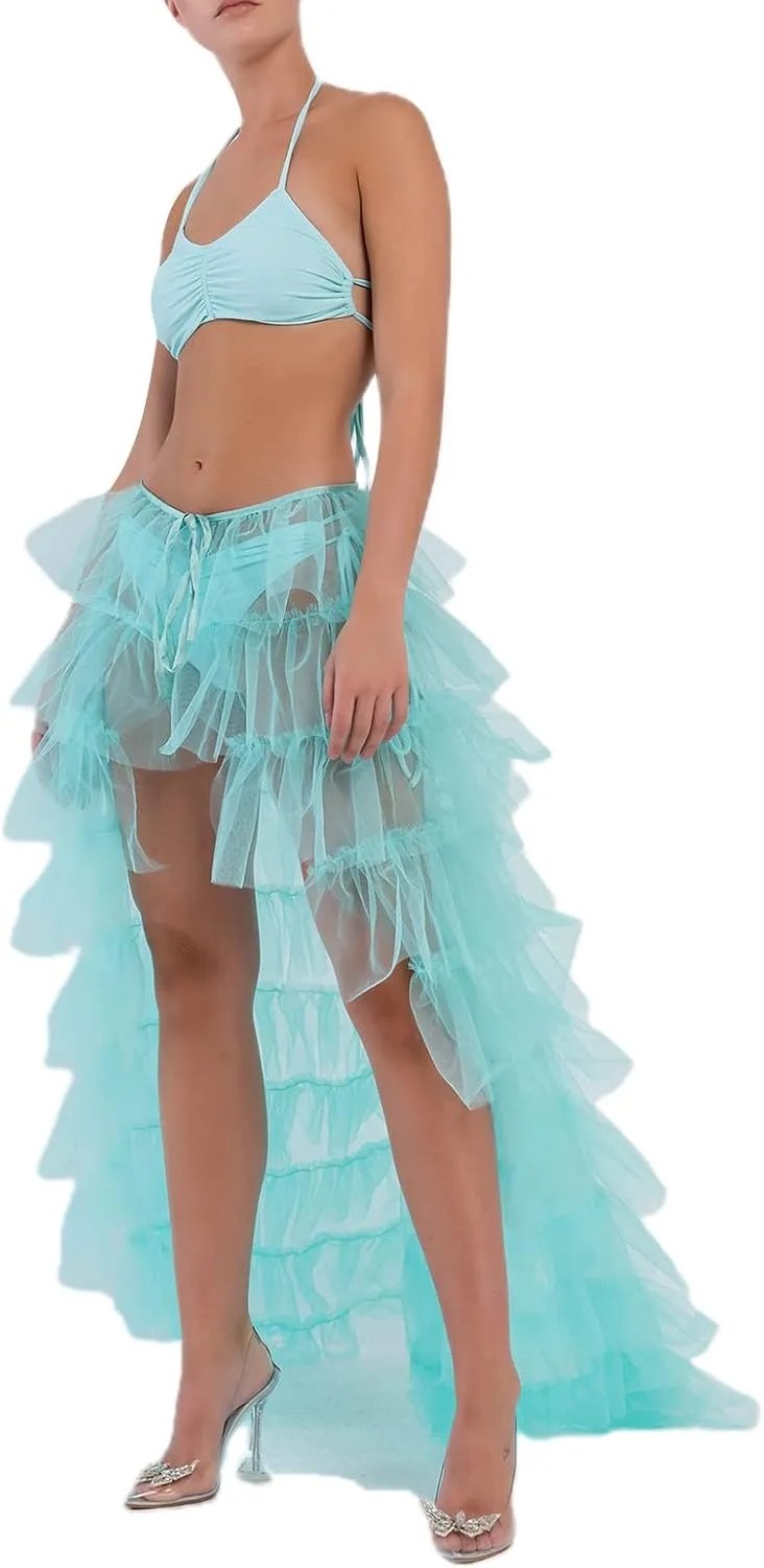 Women's Solid Color Mesh Skirt Tied-Up Irregular Tulle Skirt Layered Maxi Dress Ruffle Tulle Long Tiered A-line Skirt