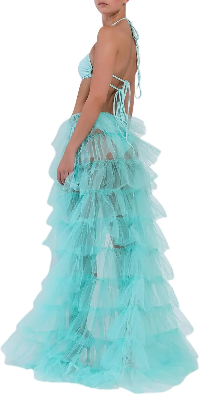 Women's Solid Color Mesh Skirt Tied-Up Irregular Tulle Skirt Layered Maxi Dress Ruffle Tulle Long Tiered A-line Skirt