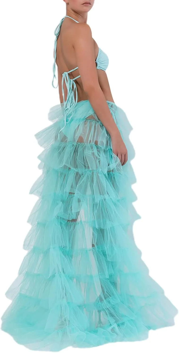Women's Solid Color Mesh Skirt Tied-Up Irregular Tulle Skirt Layered Maxi Dress Ruffle Tulle Long Tiered A-line Skirt