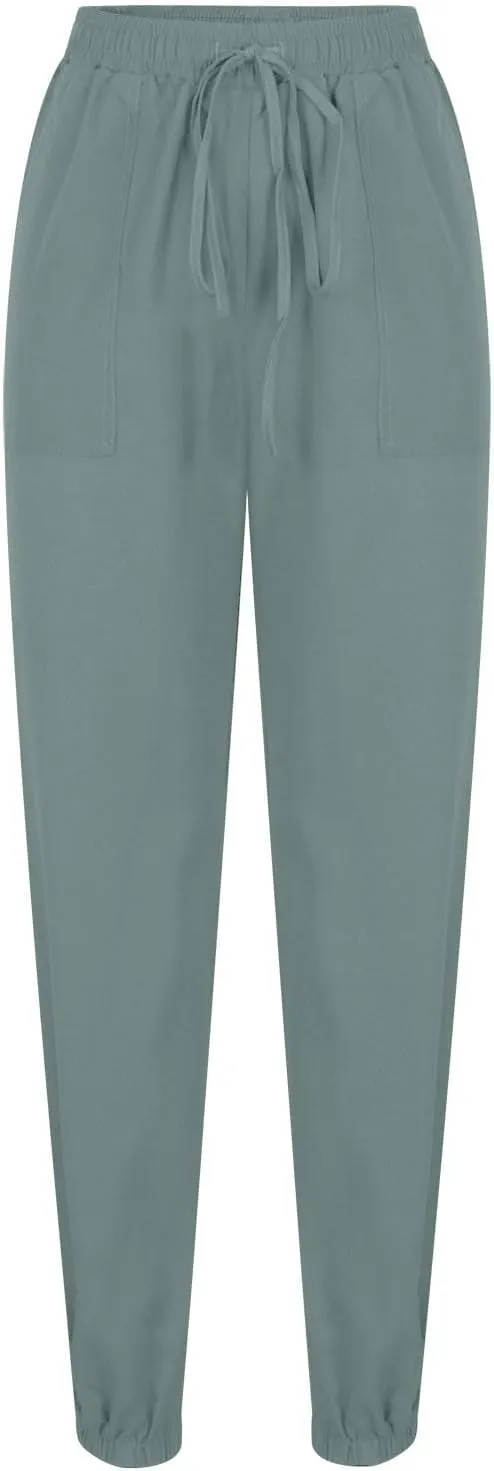 Women's Solid Cotton Linen Long Pants - Drawstring Waist Tapered Straight Leg Casual Loose Fit Trousers 2025 Summer