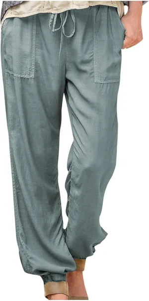 Women's Solid Cotton Linen Long Pants - Drawstring Waist Tapered Straight Leg Casual Loose Fit Trousers 2025 Summer