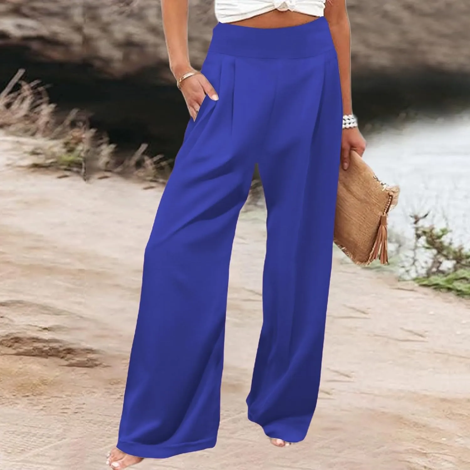 Women's Solid Cotton Linen Wide Leg Pants High Waisted Beach Comfy Casual Baggy Trousers Summer Lounge Straight Leg Pants